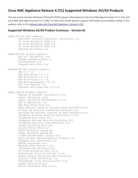 PDF Cisco NAC Appliance Release 4 7 1 Supported Windows AV AS