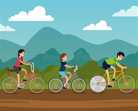 Friends Women And Man Ride Bicycle Transport Stock Vector