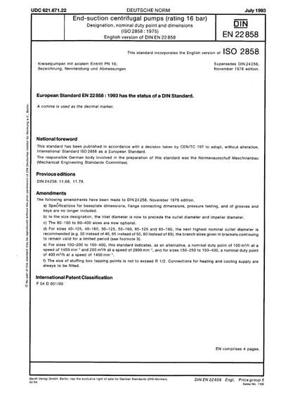 DIN EN 22858 1993 End Suction Centrifugal Pumps Rating 16 Bar