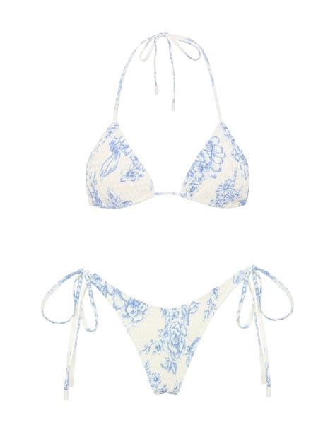 A Textured Pattern Side Tie Bikini In Blue And White Floral Fully