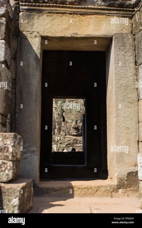 Stone Head On Towers Of Bayon Temple In Angkor Thom Cambodia Stock