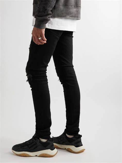 Amiri Mx1 Skinny Fit Leather Panelled Distressed Jeans Black Amiri