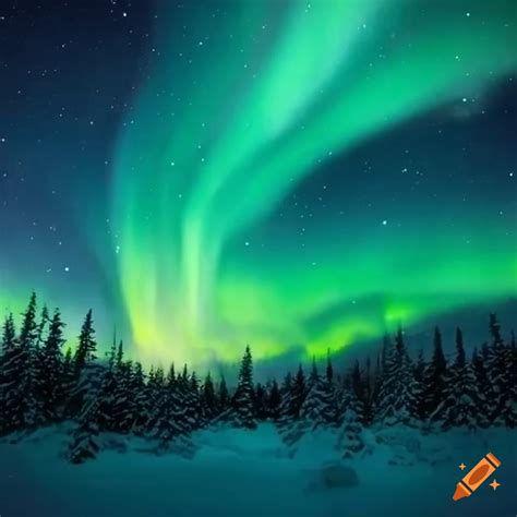 Aurora Borealis Above A Snowy Alaskan Forest On Craiyon