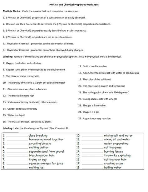 Chemical And Physical Properties Worksheet