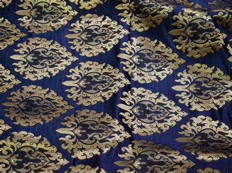 Indian Brocade Fabric By The Yard Navy Blue Banarasi Fabric Etsy