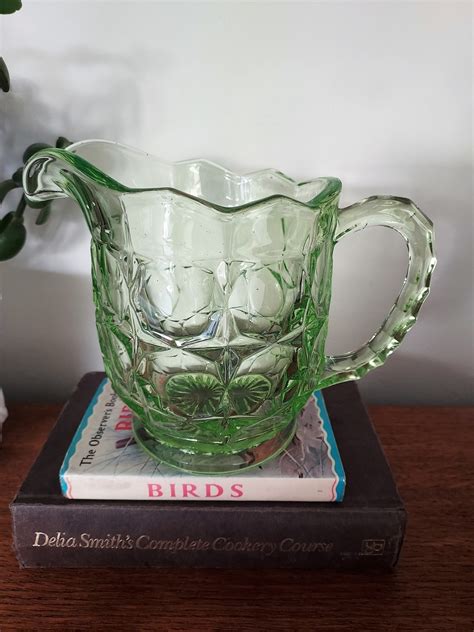 Large Vintage Green Glass Jug Water Jug Pimms Pitcher Lemonade Jug Mid Century English Glass