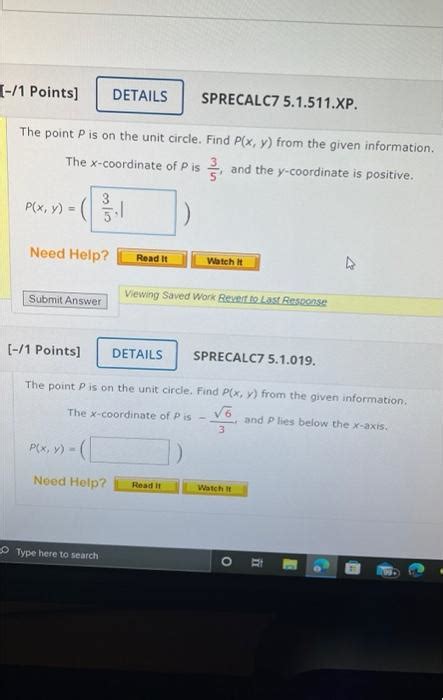 Solved The Point P Is On The Unit Circle Find P X Y From