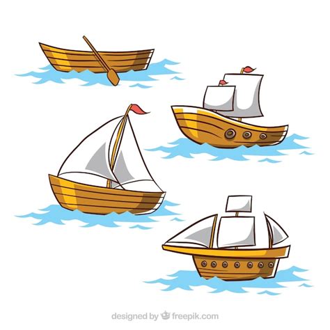 Conjunto De Quatro Barcos De Madeira Vetor Premium
