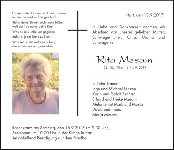 Traueranzeigen von Rita Mesam Schwarzwälder Bote Trauer