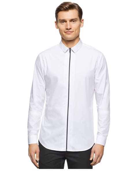 Calvin Klein Long Sleeve Zip Front Shirt In White For Men Lyst