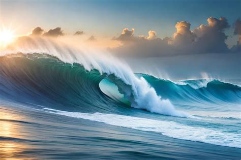 Uma onda está quebrando na praia e o céu está azul e o sol está se