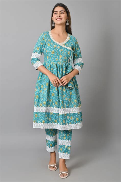 Darshneels Women Printed Flared Pure Cotton Angarakha Kurta Pant Set