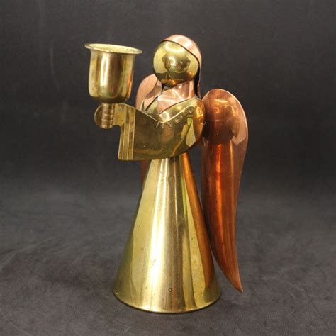 Vintage Mid Century Brass Copper Angel Candle Holder Christmas Hong