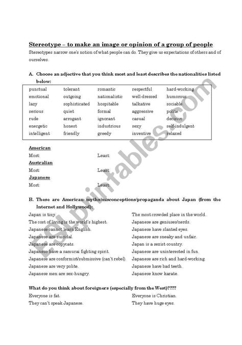 English Worksheets Stereotypes