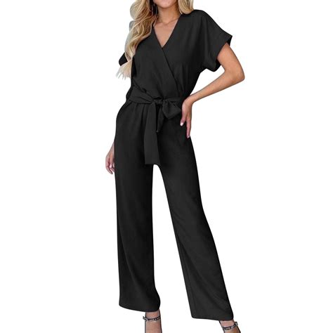 Noarlalf Jumpsuits For Women Dressy Womens Jumpsuit Short Sleeve Wrap V Neck Belted Wide Leg