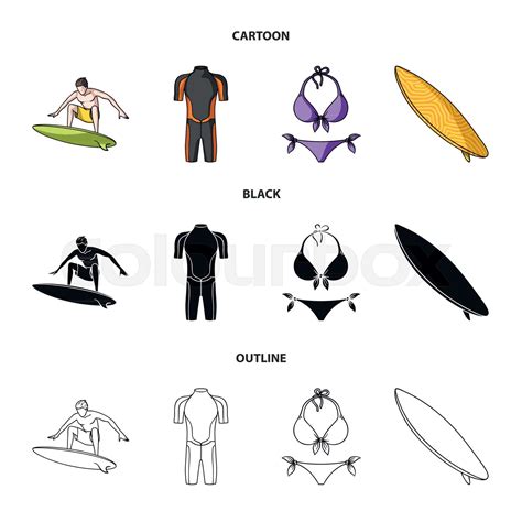 Surfer Wetsuit Bikini Surfboard Surfing Set Collection Icons In