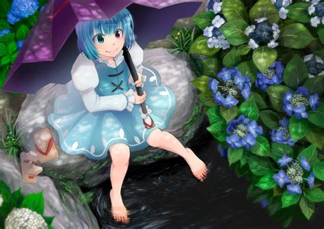 Safebooru 1girl Barefoot Blue Hair Commentary Request Dappled Sunlight Day Eyebrows Visible