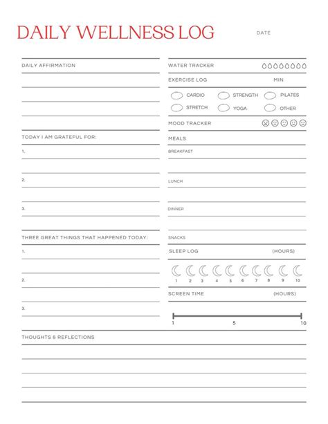 Daily Wellness Log Printable Self Care Printable Wellness Planner Self