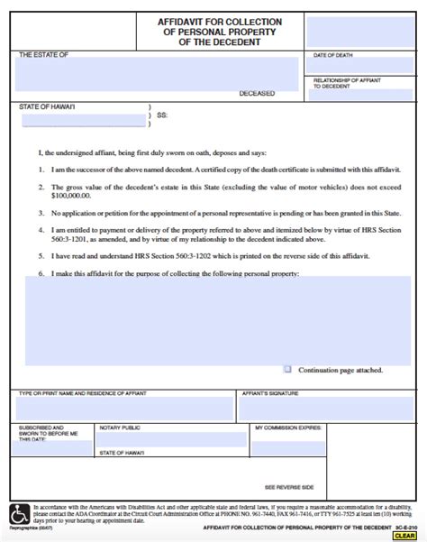 Free Hawaii Small Estate Affidavit Form Pdf Word