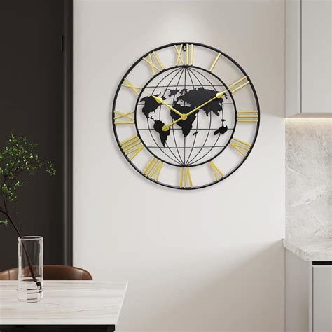 Large World Map Wall Clock Metal Minimalist Modern Clock Round Silent Non Ticking Battery