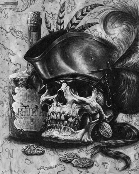 A Drawing Of A Skull Wearing A Pirate Hat And Holding A Bottle With The