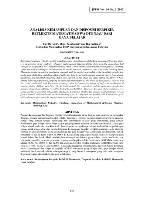 Pdf Analisis Kemampuan Dan Disposisi Berpikir Reflektif Matematis Siswa Ditinjau Dari Gaya