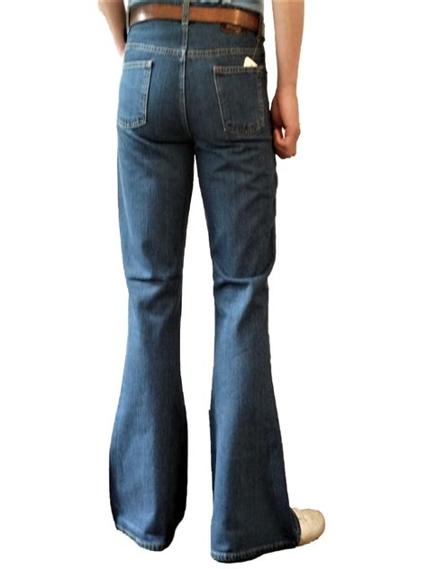 Mens Flares Stonewash Blue High Rise Denim Jeans Flared Bell Bottoms