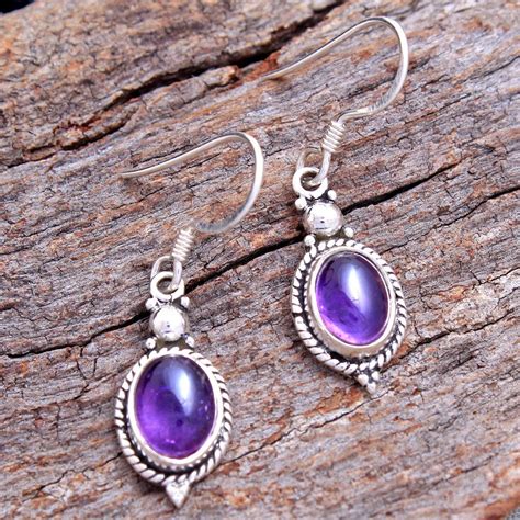 Natural Oval Shape Purple Amethyst Gemstone Earring 925 Sterling