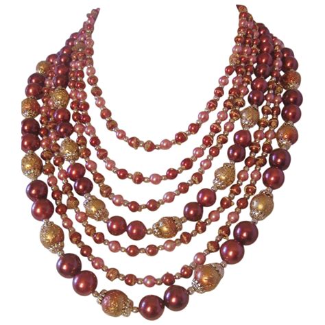 Vintage Bid Bead Necklace Japan Burgundy Pink Gold Colored Sugar Bead Pretty Jewelry Necklaces