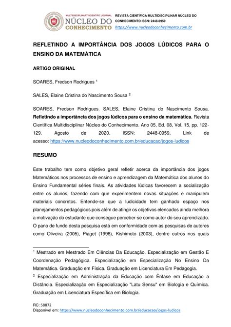 PDF Refletindo a importância dos jogos lúdicos para o ensino da