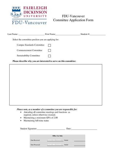 Fillable Online Fdu Vancouver Committee Application Form Fax Email