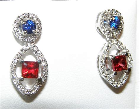 Ruby Red & Blue Sapphire Diamond Dangles 14KWG 1.65 ctw - Simply Sapphires