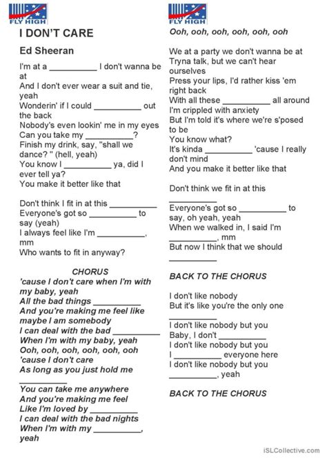 Ed Sheeran I Don T Care Song And N English Esl Worksheets Pdf Doc