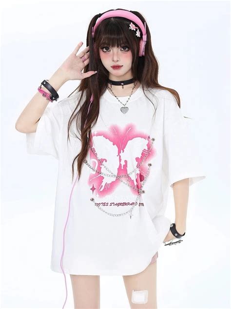 Punk Rock Butterfly Print Metal Chain American T Shirt【2024】 パンクロック