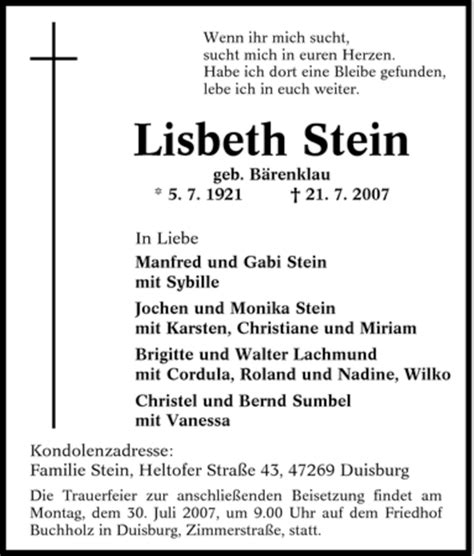 Traueranzeigen Von Lisbeth Stein Trauer In Nrw De