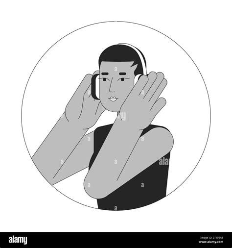 Short Hair African American Girl Headphones Black And White 2d Vector Avatar Illustration Stock