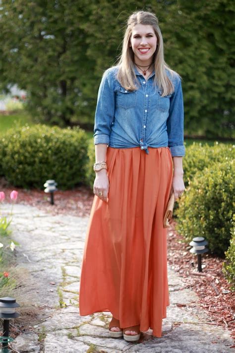 Orange Maxi Skirt And Chambray Orange Maxi Skirt Casual Chic Spring