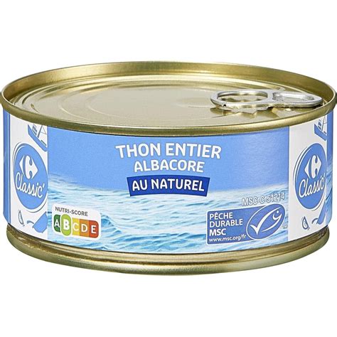 Thon Entier Albacore Au Naturel CARREFOUR CLASSIC La Boite De 186g