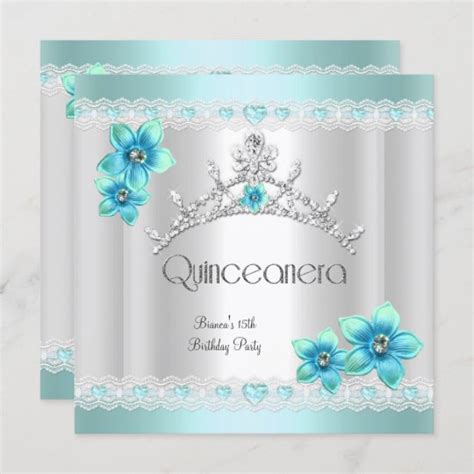 Quinceanera 15th White Teal Blue Silver Tiara Invitation Zazzle