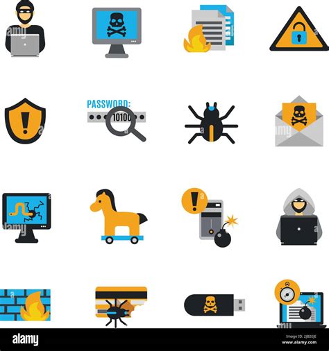 Hacker Icons Flat Set With Spam And Cyber Crimes Symbols Isolated