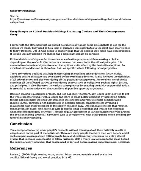 📗 Essay Sample On Ethical Decision Making Evaluating Choices And Their Consequences Free