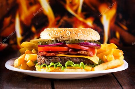 Hamburger With Fries Stock Photo Nitrub