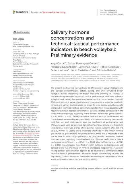 PDF Salivary Hormone Concentrations And Technical Tactical