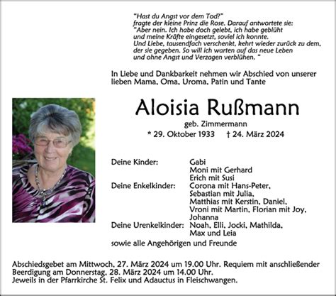 Traueranzeigen von Aloisia Rußmann schwaebische de Trauerportal