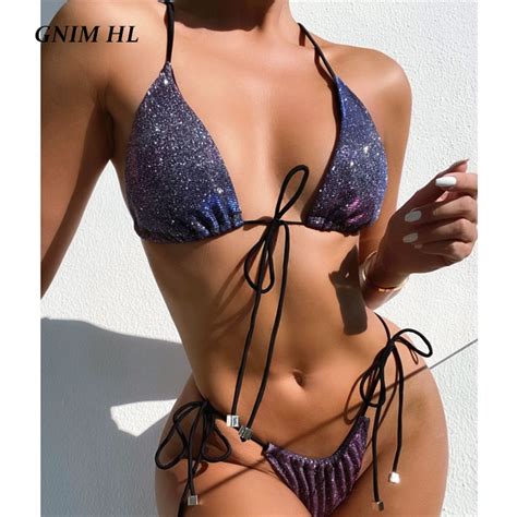 Jual Preorder Seksi Mengkilap String Bikini Set Perban Swimwear