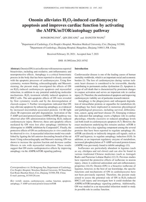 PDF Ononin Alleviates H 2 O 2 Induced Cardiomyocyte Apoptosis And