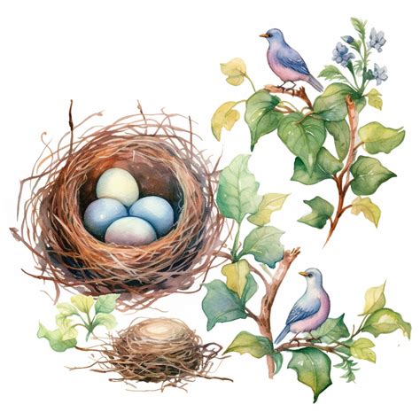 Handprinted Watercolor Bird Nests Clipart Flowers And Leaves Eggs