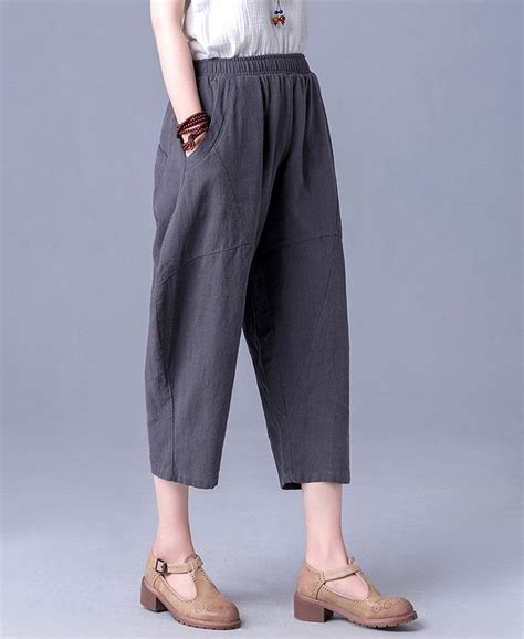 Women Calf Length Pants Cotton Capri Pants Elastic Waist Linen Etsy