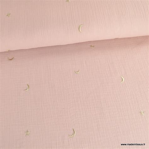 Tissu Double Gaze Brod E Lunes Et Toiles Fond Rose Pale Oeko Tex