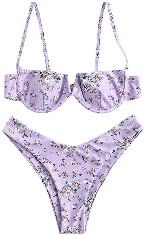 Zaful Women S Floral V Wired Underwire High Leg Two Piece Bikini Set